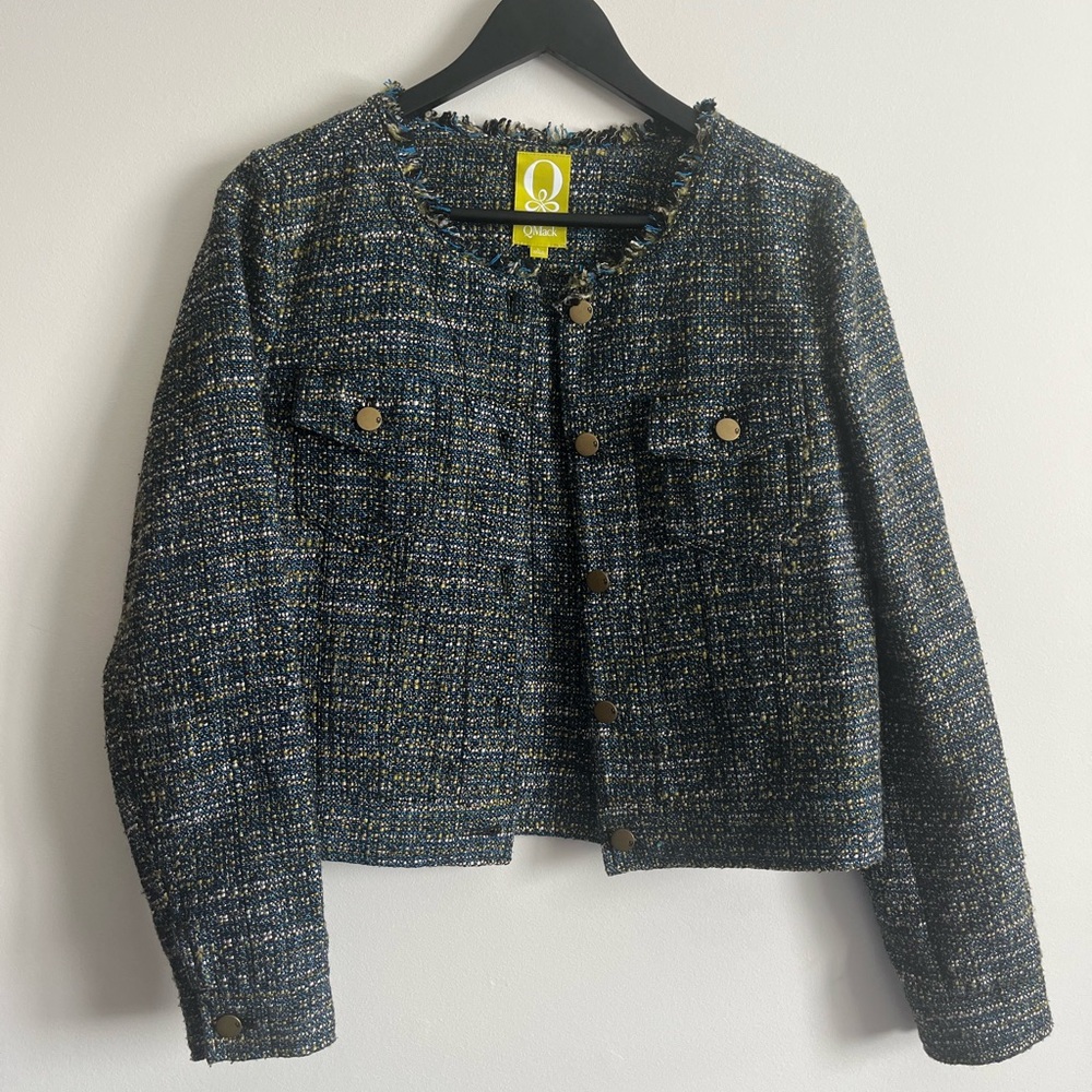 QMack Navy Multicolor Tweed Crop Jacket